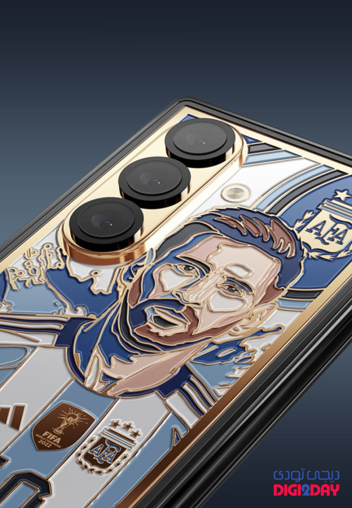Close-up of a smartphone with a glossy case showing a stylized portrait and a triple-camera module, set against a gradient backdrop.