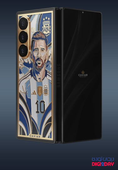 Luxury smartphone with a gold-edged back plate showing a stylized footballer portrait, triple-camera setup, Caviar branding.