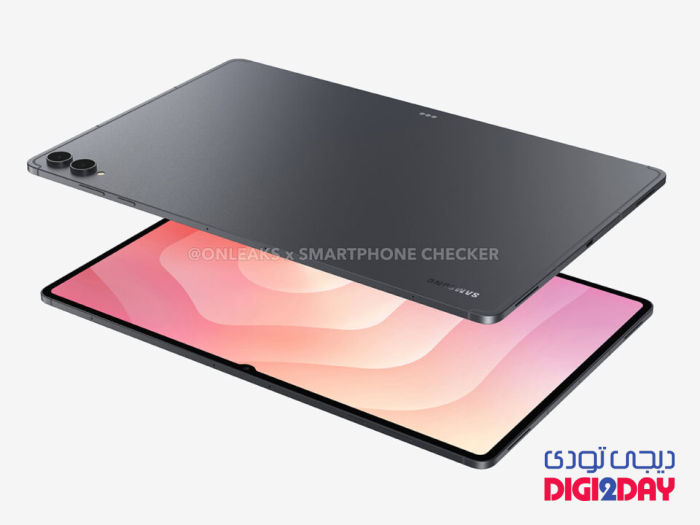 Dark gray tablet shown from back above a front-facing tablet with a pink abstract wallpaper, illustrating both sides.