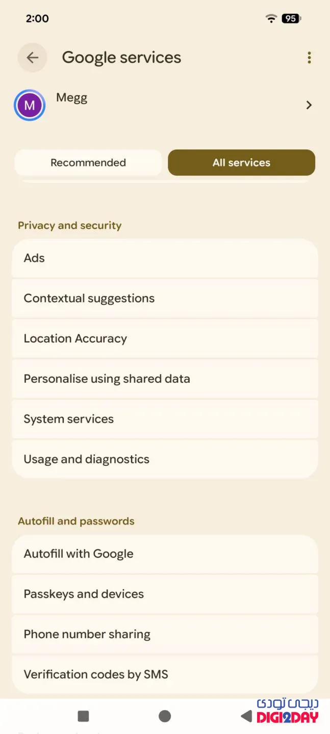 Google Services settings screen showing profile header, tabs (Recommended, All services), and lists under Privacy and security and Autofill and passwords.