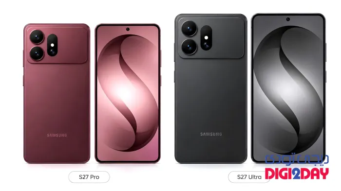 Side-by-side Samsung S27 Pro (red) and S27 Ultra (gray) smartphones, showing rear camera modules and tall edge-to-edge displays on both.